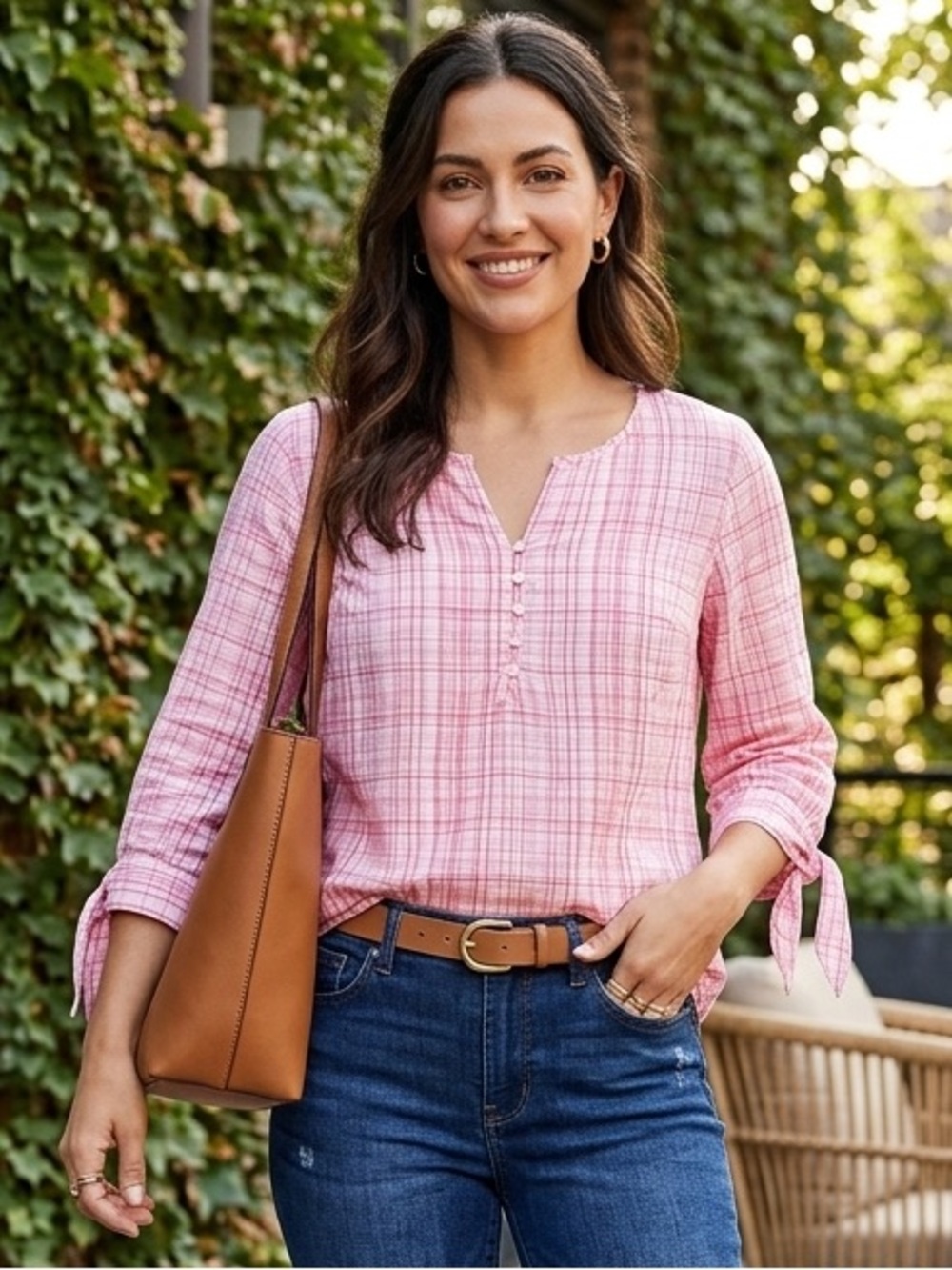 Liz Claiborne White/Red Plaid Button-Accent Blouse Linen and Cotton blend size M